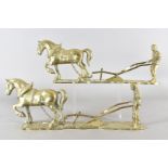 A pair of early 20th century brass figures, modelled as a farmer ploughing fields with his Shire