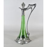 A WMF Art Nouveau green glass and pewter claret jug, of tapered design, with electroplated mounts,