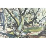 G Worrall, 20th Century, English School, watercolour, entitled 'trees by a duckpond, Manor Farm',