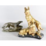 Two Art Deco plaster figures of dogs, both indistinctively signed, both AF, one 53cm H, the other