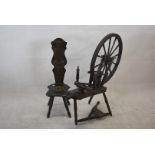 Spinning wheel and Spinning Chair, vintage wooden spinning wheel monogrammed A.P.G. together with