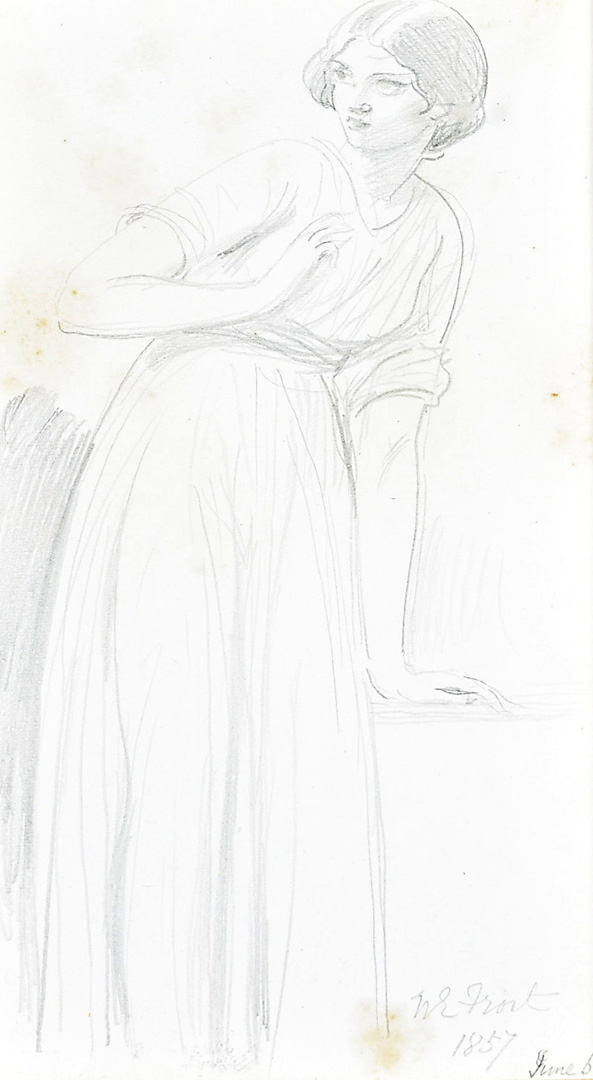 W E Frost, pencil, young girl, signed and dated 1857 in ornate gilt frame, 13 cm x 7.5 cm