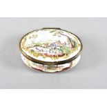 An early 19th Century English enamel oval box, with hinged lid decorated with hunting scenes, floral