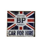 Motoring, a early 1930's "BP" Motor Spirit sign with the rare "Car for Hire" lettering below the