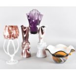 A collection of modern art glass, including a mottled bowl modelled as a bonnet, two pairs of