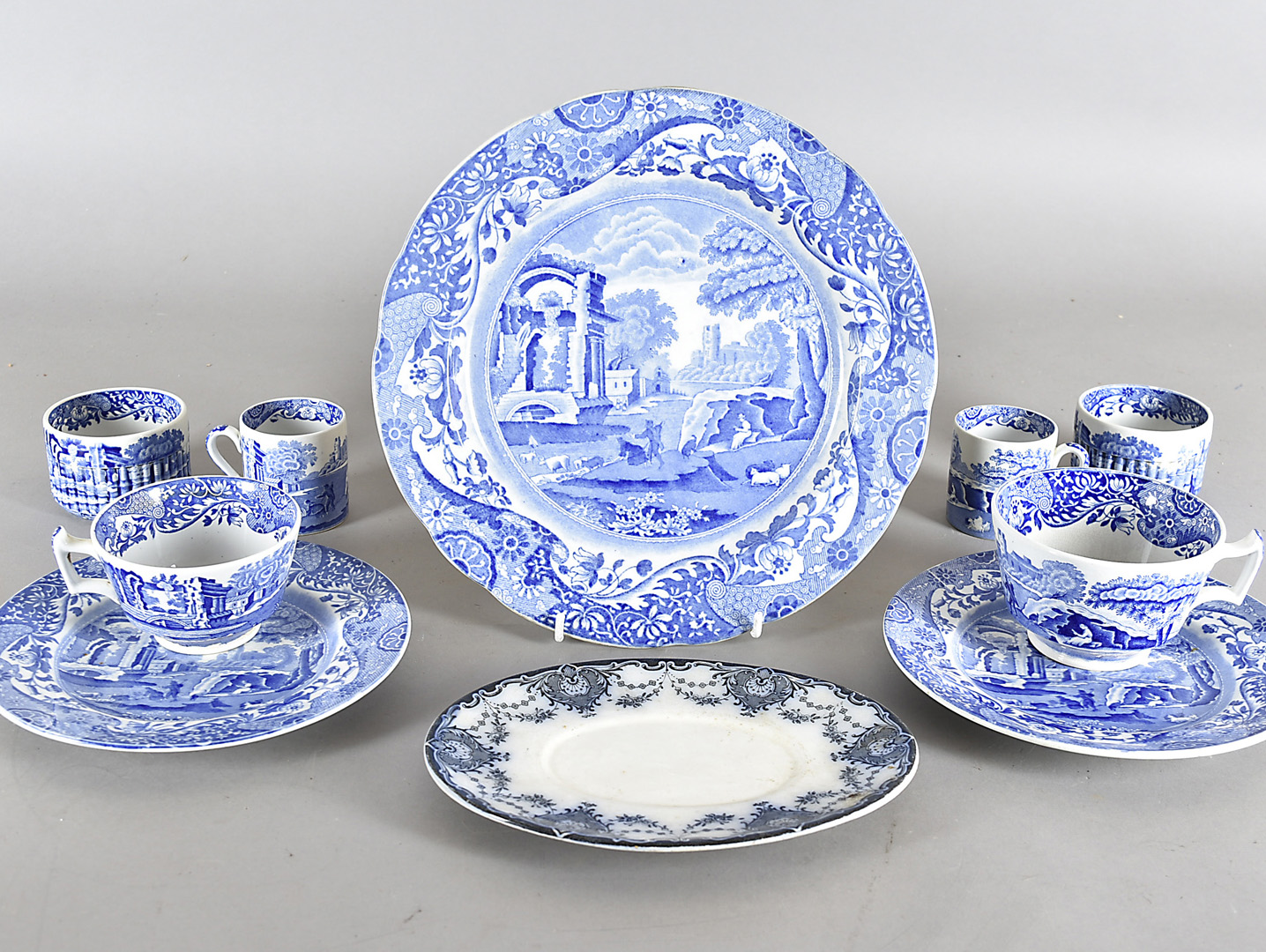 A collection of blue and white ceramics, including plates, tureens, cups and saucers etc