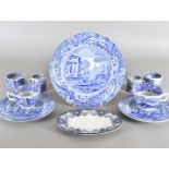 A collection of blue and white ceramics, including plates, tureens, cups and saucers etc