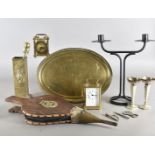 A collection of metalware, including a fire tidy set with registered design mark, a pair of oak