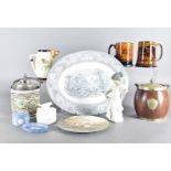 A quantity of ceramics including, two biscuit barrels, two Doulton plates, Doulton willow pattern