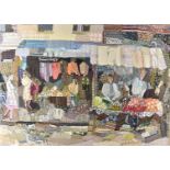 Edrica Huws (1907-1999), patchwork study, depicting a market scene, 59 cm x 80 cm, together with her