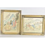 A pair of Chinese watercolours on silk, one depicting acrobats, the other as a seated elder