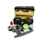 Angling Equipment, Mixed, a plastic cantilever tackle box containing, flies, weights, hooks, silks/