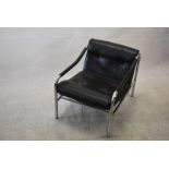 1970s Easy Chair, low open armchair, upholstered in black leather with a chrome frame, the seat