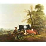 William Shayer, 1787-1879, pastoral scene of farmer with son, cattle and sheep, oil on canvas,