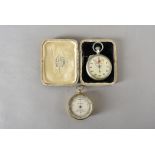 A Falon & Sons pocket Barometer, in circular lacquered case and a chromed stop watch (2)