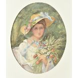 English School, late 19th Century, watercolour, girl with bonnet and bouquet of wild flowers, signed