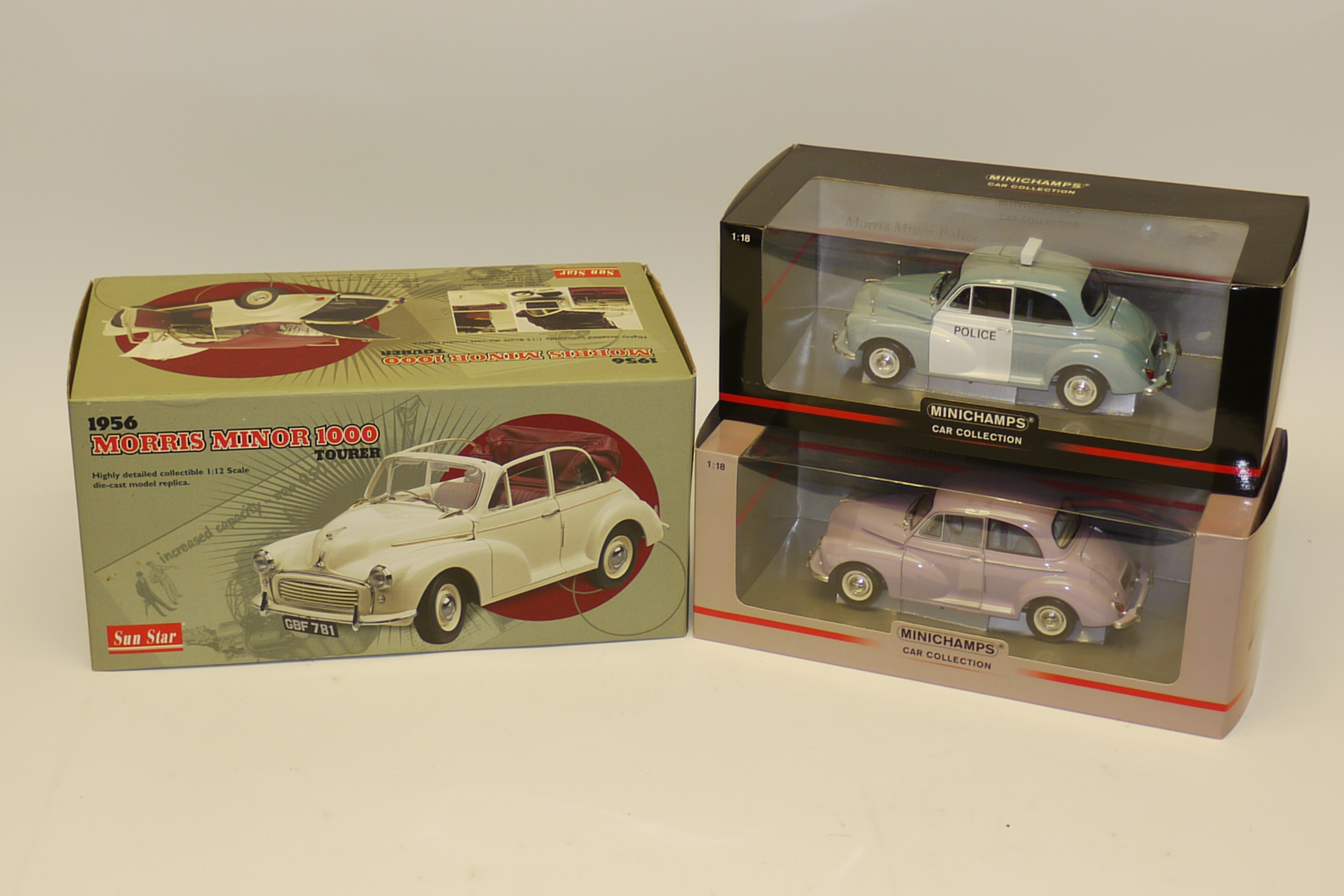 Boxed Morris Minor Models, Comprising 1:12 scale Sunstar, limited edition with certificate, 1956