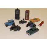 Play-Worn Post-War Diecast, Including, Dinky police box, telephone box, RAC AND police motorcycles