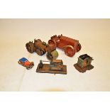 Tin Clockwork Toys, Triang No 2 tractor in red livery, German printed tin clockwork road roller,