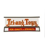 A Tri-ang Toys For Quality & Strength Retailer's Hanging Sign, with steel casing painted brown and