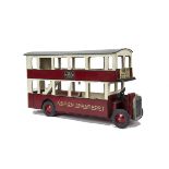 A Tri-ang Wooden London Transport Omnibus No E, painted red and cream, metal radiator, 123