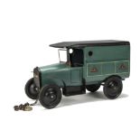 A Lines Bros Wooden Doll's Delivery Van, painted blue and black with white and black lining,