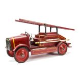 A Triangtois Wooden Fire Engine 1920s, painted red with yellow lining, bell, ladder, lithographed