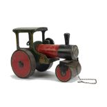 A Tri-ang Wooden pull-along Steam Roller, painted red, black and green with yellow lining,