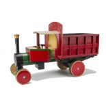 A Lines Bros or replica Wooden Steam Lorry, painted red, green and black, open cab, cylindrical