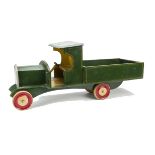 A large Triangtois Wooden open back truck, painted green with yellow lining, silver and black-