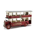 A Triangtois Wooden General Double-Decker Bus, painted red and cream, tinplate radiator grille, open