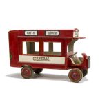 A G & J Lines Wooden open top Motor Bus No 528, painted red and white with yellow lining, tinplate