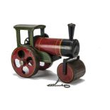 A Tri-ang Wooden pull-along Steam Roller, painted red, black and green with yellow lining,