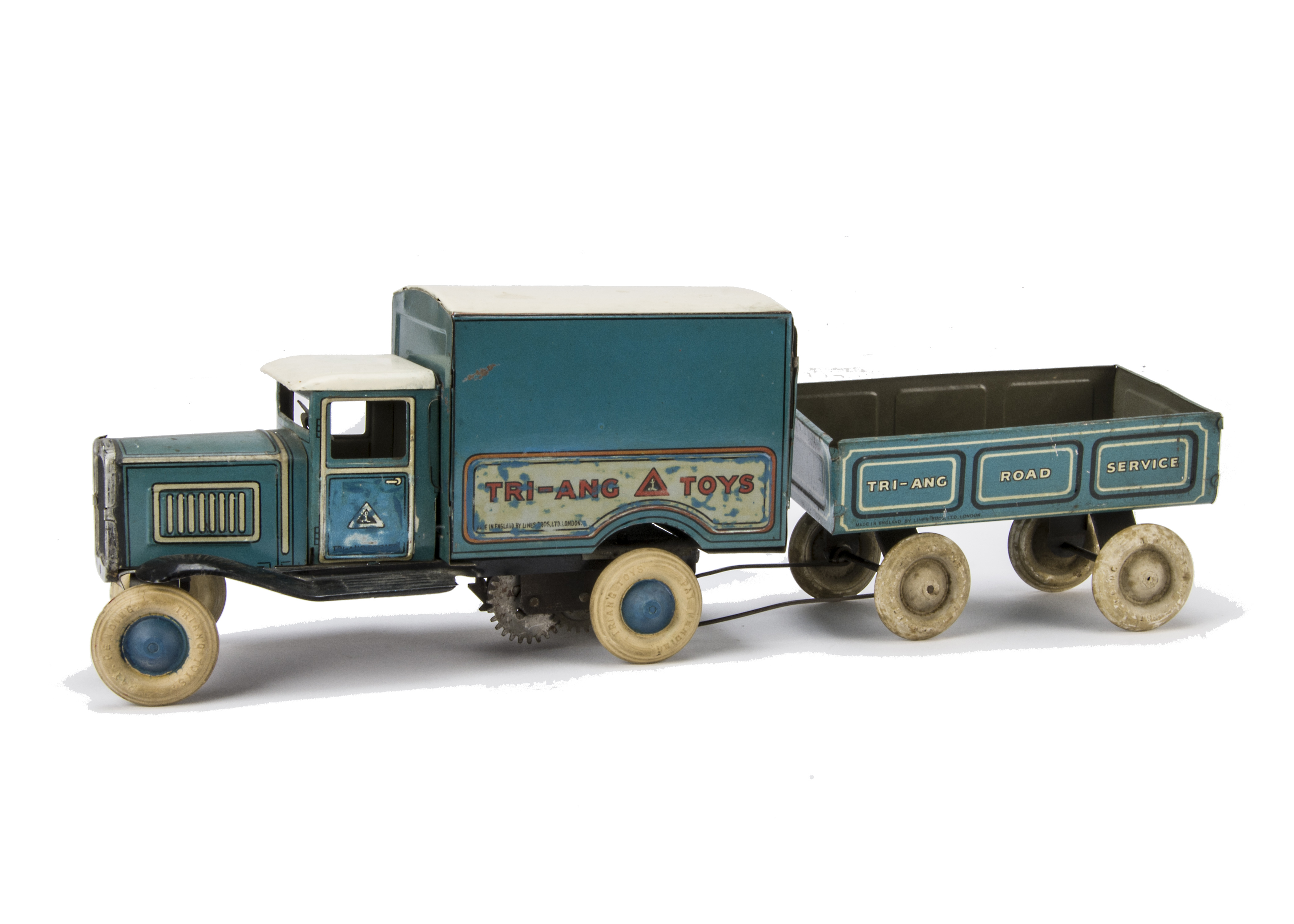A Lines Bros Tri-ang Series lithographed tinplate Motor Box Van and trailer, No.53/1 blue with white