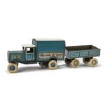 A Lines Bros Tri-ang Series lithographed tinplate Motor Box Van and trailer, No.53/1 blue with white