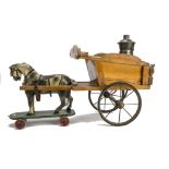 A Triangtois for J Langley & Co Wooden Horse-Drawn Milk Cart, varnished wood cart with two spoked