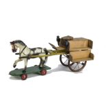 A G & J Lines Wooden Irish Jaunting Cart, painted light brown and yellow with fold down passenger