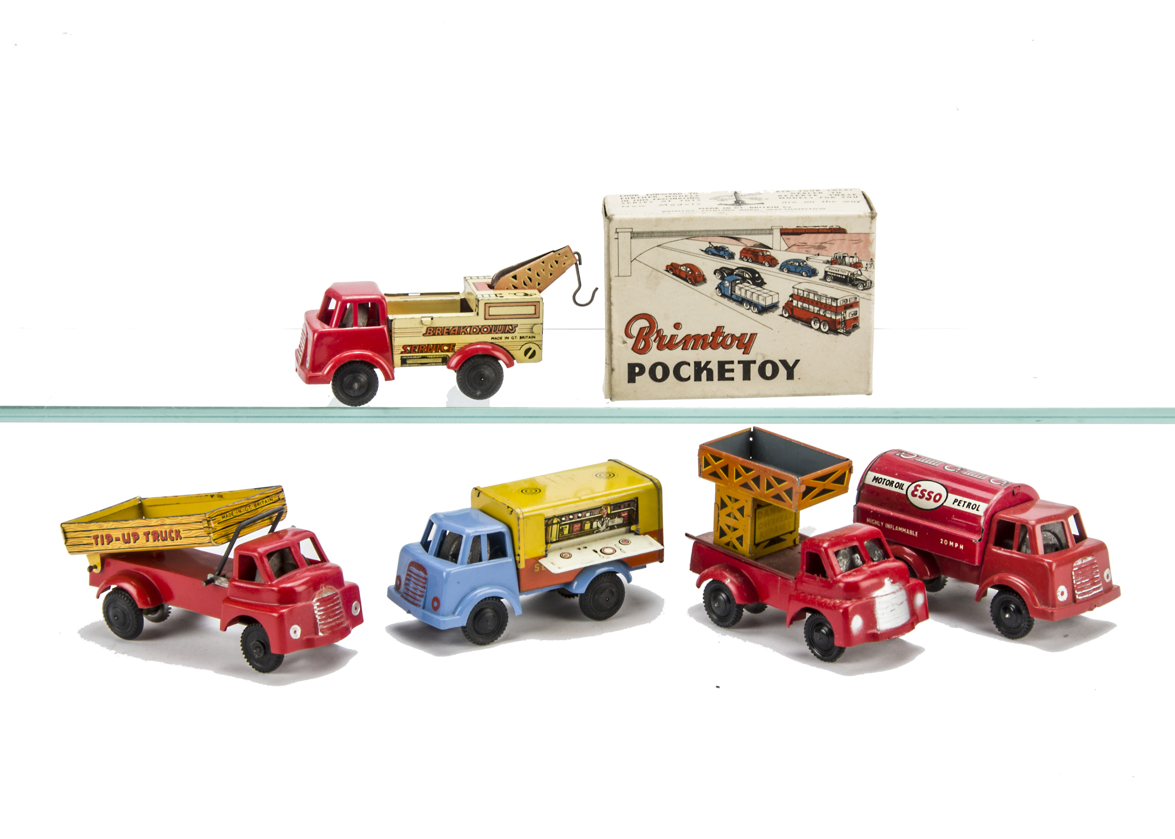 Six Wells Brimtoy Pocketoy clockwork Commercial Vehicles, plastic and lithographed tinplate, 9/541
