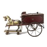 An early G & J Lines 147A Wooden Best Water Cart and Horse, dark red painted wood with green and