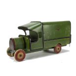 A Tri-ang Wooden Doll's Motor Van P/3, painted green with yellow and black lining, lithographed