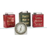 Three lithographed tinplate Toy Petrol Cans, two red Shell Motor Spirit --5¼in. (13.5cm.) high (F-G)