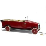 A professionally-restored or rebuilt Triangtois Wooden Doll's Series Charabanc, painted red, with