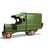 A Triangtois Wooden Doll's Series Box Van, painted green with black and yellow lining, wooden