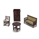 Gottschalk Dolls' House Matching Furniture, all painted mahogany brown with gold detailing, silk