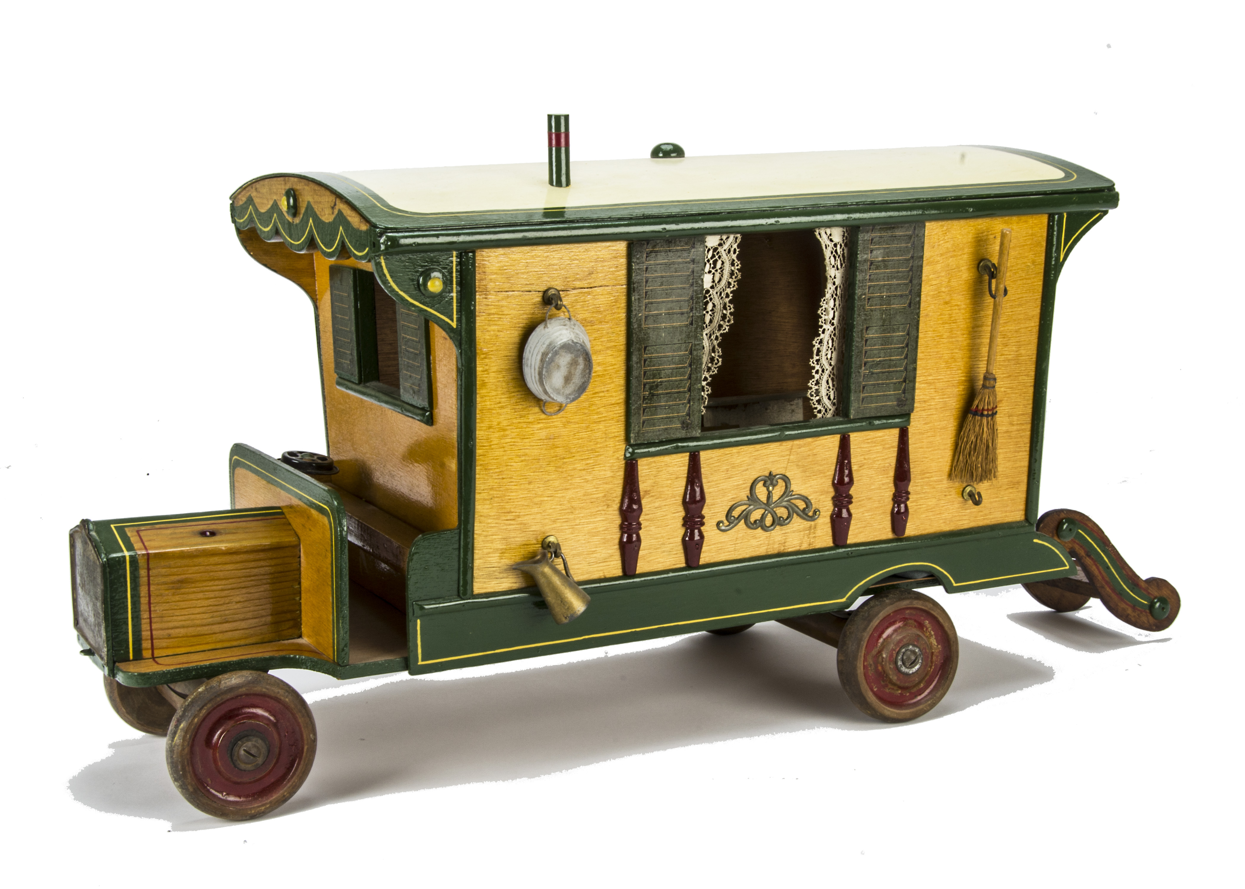 A G & J Lines Wooden Motorised Gypsy Caravan, varnished and green painted detail with yellow and red