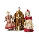 Three bisque shoulder-head Dolls' House Dolls, man with blonde painted hair and blue eyes,