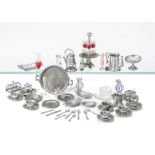 Dolls' House Pewter and Glass Chattels, stand with six wine glasses --3½in. (8.5cm.) high, kettle