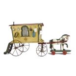 A G & J Lines Wooden Horse-drawn Gypsy Caravan, painted yellow with red roof, green detail and