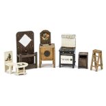 Pit-a-Pat Dolls' House Furniture, gas cooker --4½in. (11.5cm.) high, hall stand, fire screen,