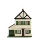 A Tri-ang Wooden Dolls' House, with plain wood front door, tinplate windows with green shutters,